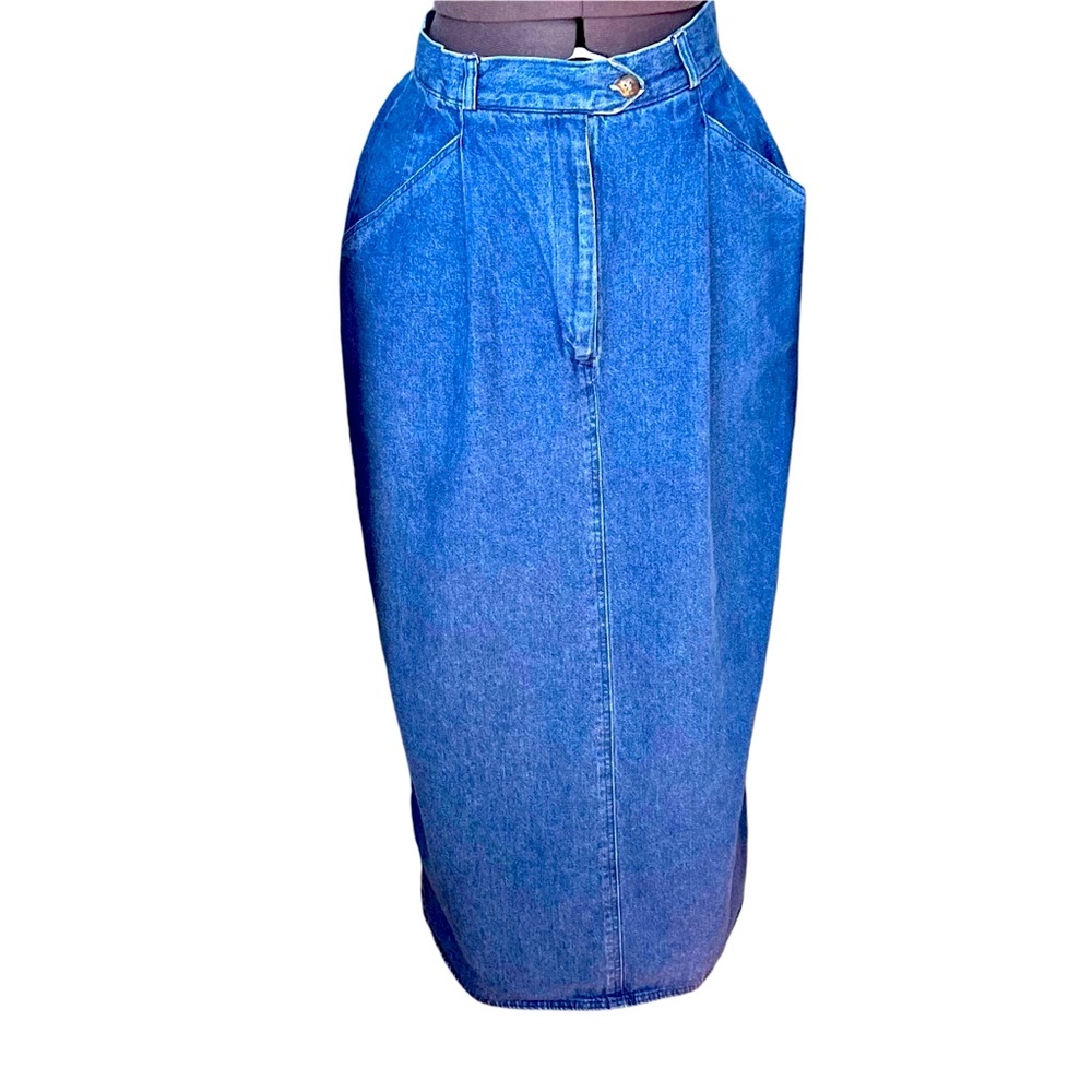RUFF HEWN VTG 80s Denim Midi Skirt SZ 6 Front Zip Slant Pockets Back Kickpleat